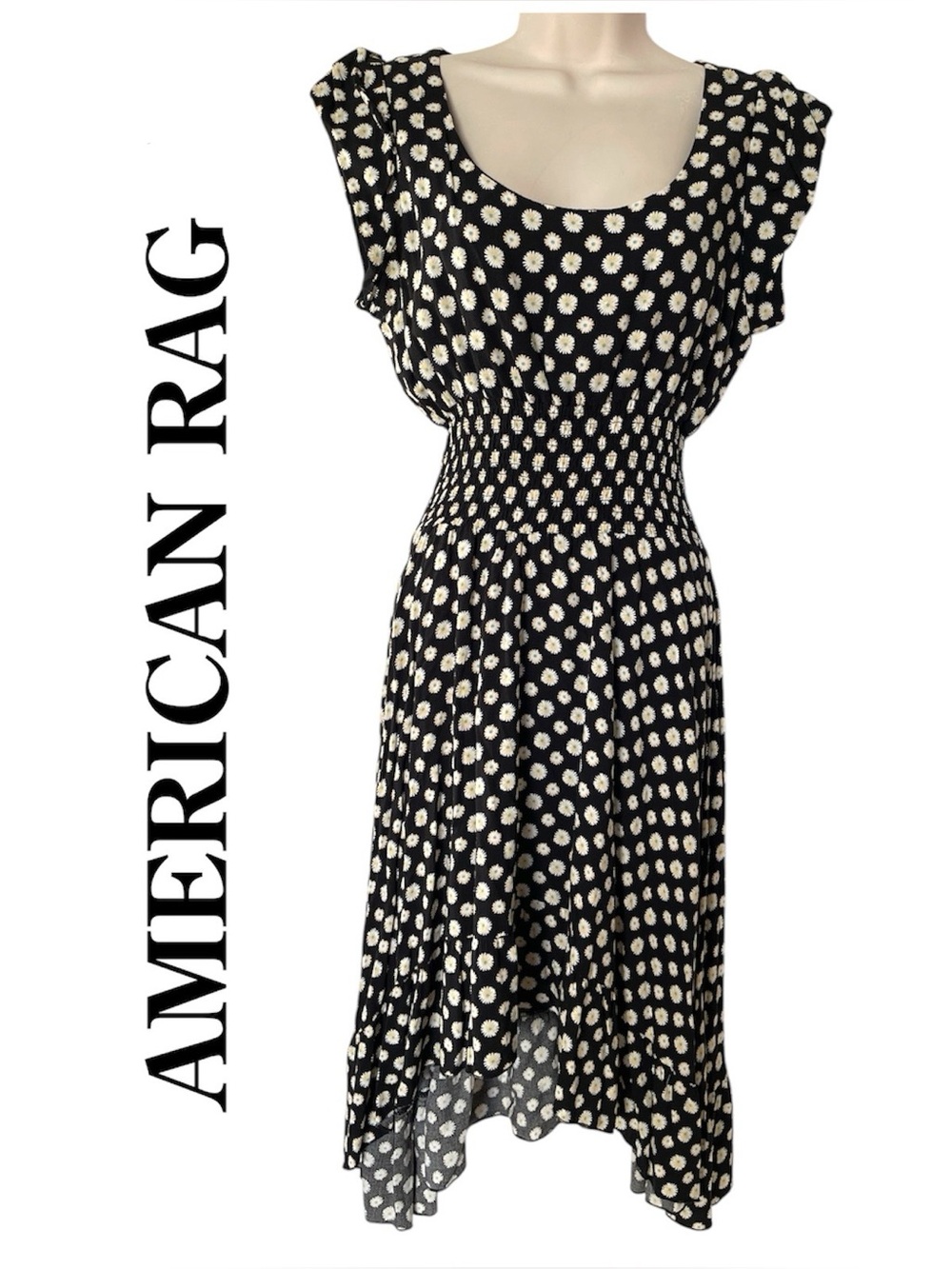 American Rag Black Floral Smocked Waist Midi Dress